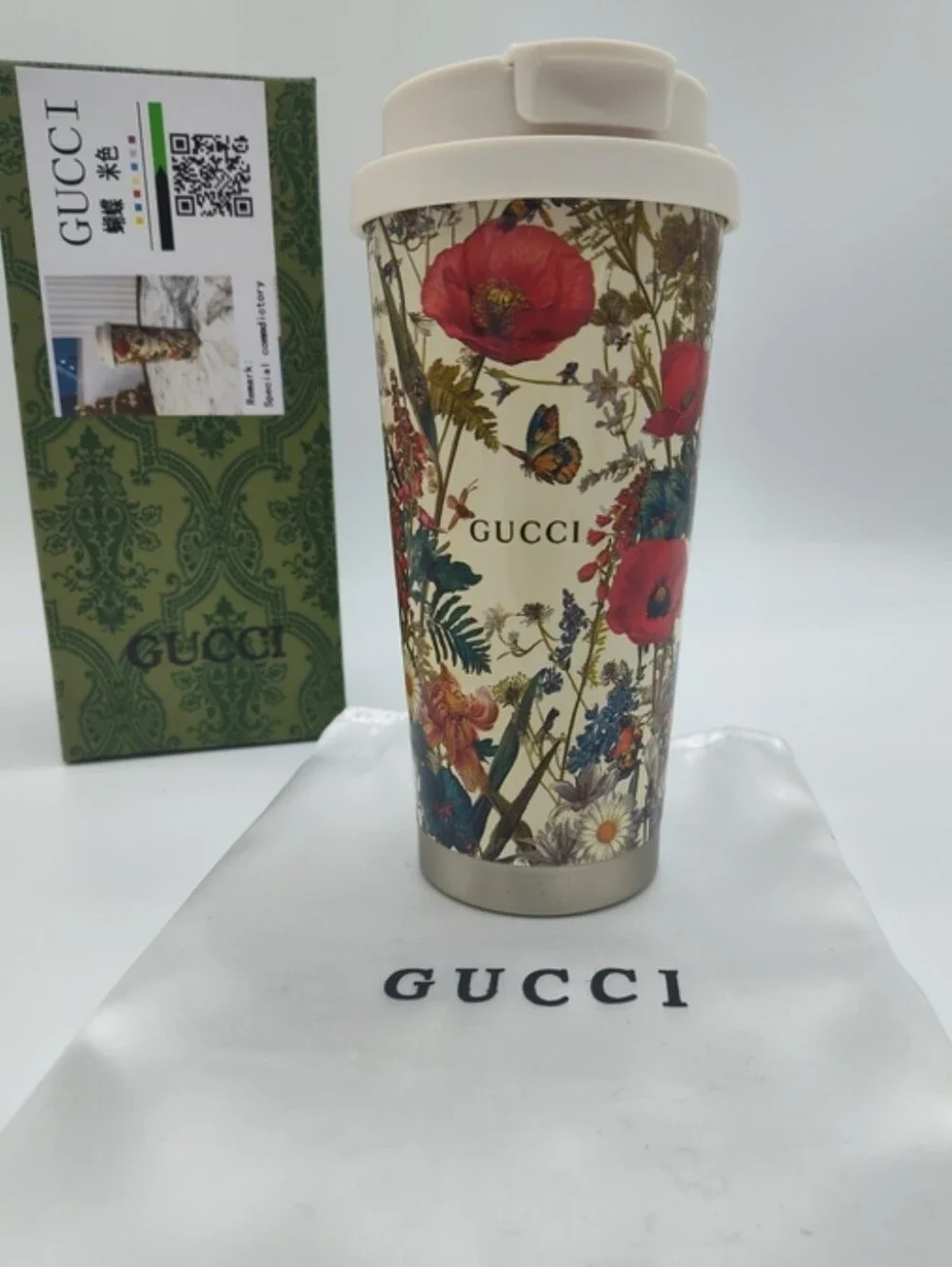 GUCCI Herbarium Floral Stainless Steel Travel Tumbler Mug w/ Box Dust Bag Straw - Picture 8 of 16